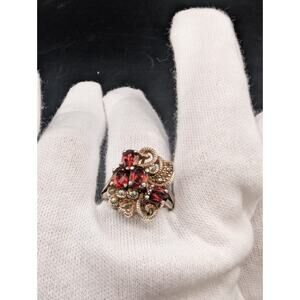 Vintage 925 Sterling Silver Garnet Marcasite Cluster Ring Floral Red Ovals READ